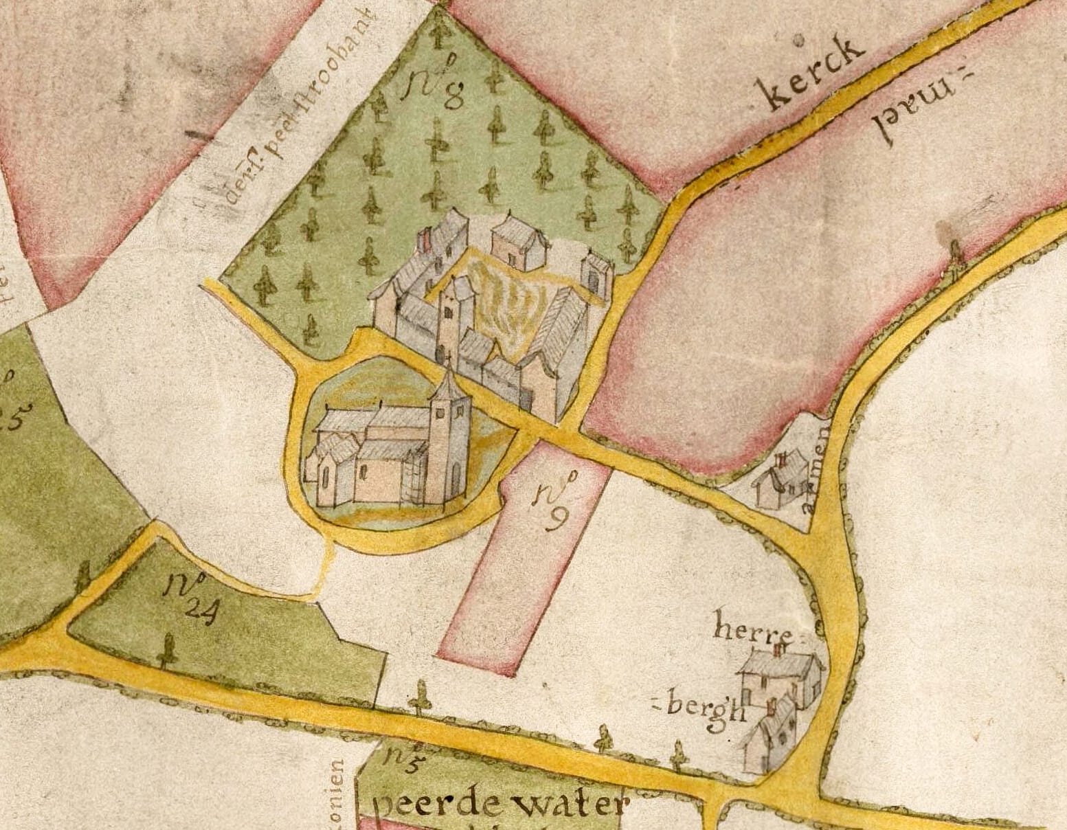 L'église st Clément et la ferme de Hof te Wesenbeke Carte 1708 par Judocus De Deken L'église Saint-Clément et la ferme Hof te Wezembeke - Extrait de la copie par Judocus De Deken de la carte dressée en 1708 par I. De Wint (AGR C et Pl mss 667).