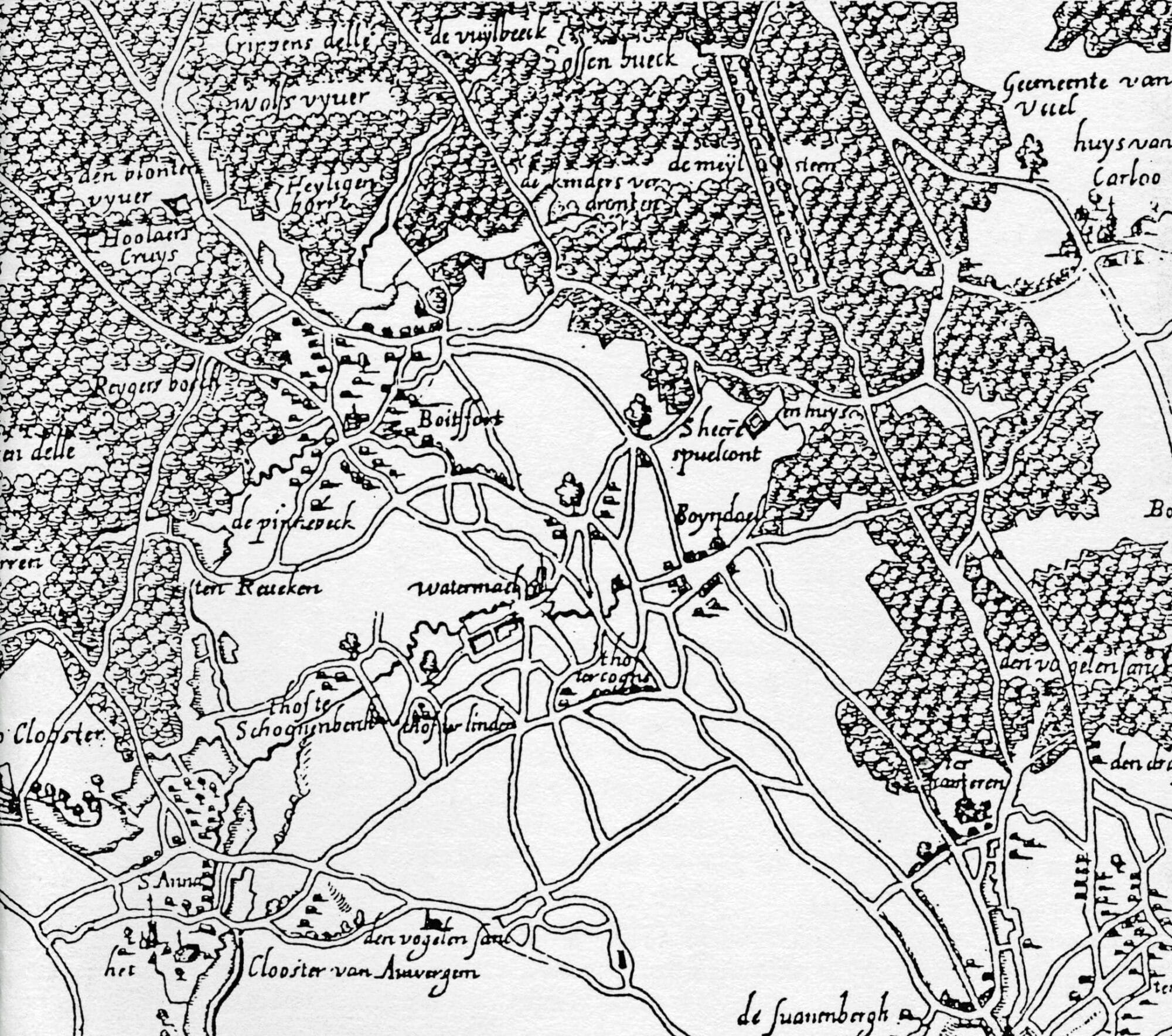 W-B 1659 Extr. Carte de la forêt de Soignes I. Van Werden (gravée par L. Vorstermans jr) Extrait de la carte de la forêt de Soignes par I. Van Weerde, gravée en 1659 par L. Vorstermans jr.